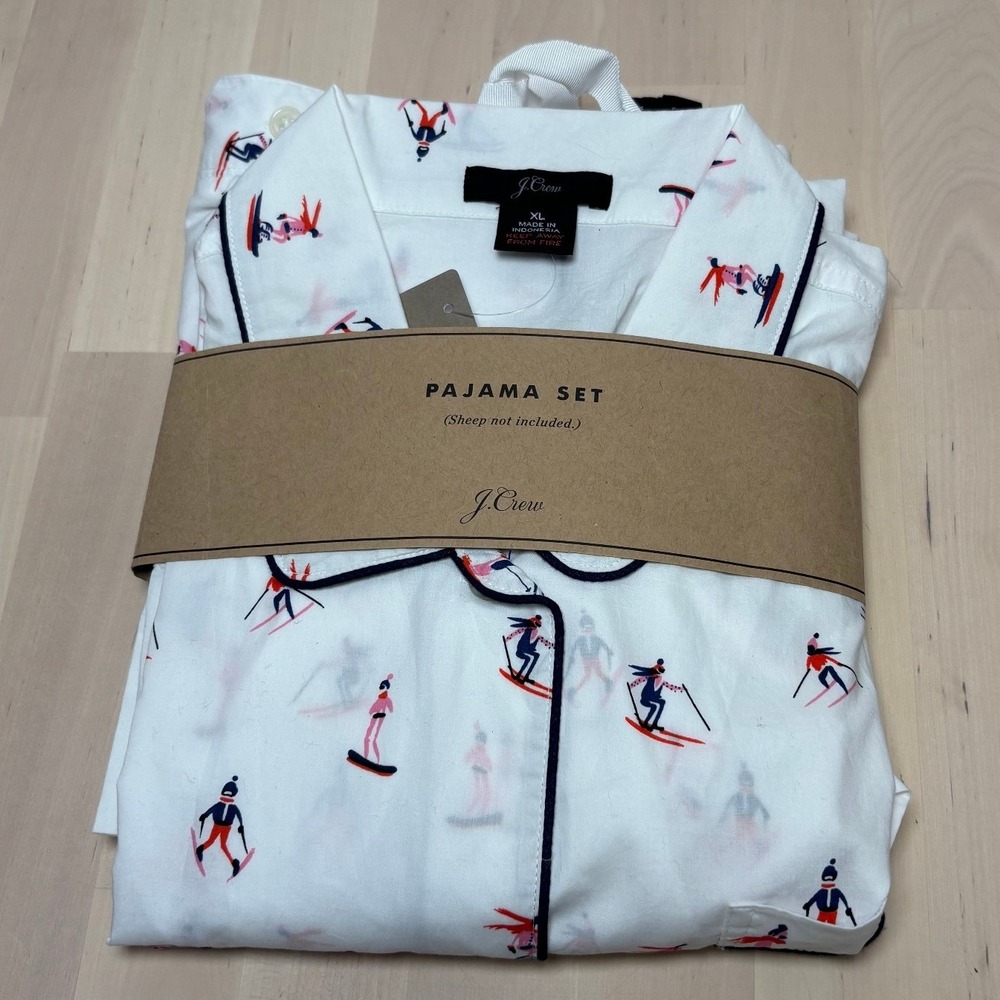 J.Crew Womens Pajama Set XL White Skiers Snowboarders Print Holiday Sleepwear